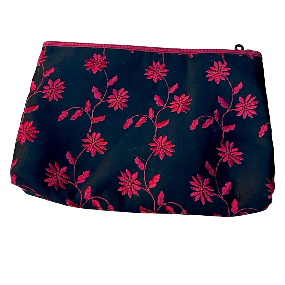 Unbranded red black floral embroidered cosmetic bag zipper closure cotton flower